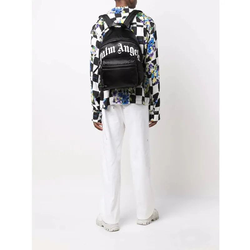 PALM ANGELS Technical Fabric Curved Logo Backpack Black White-4