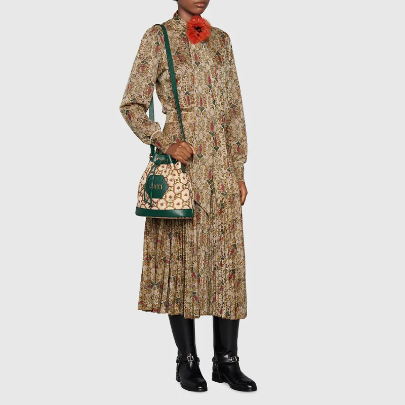 GUCCI Ophidia Jacquard Fabric Leather Binding Bucket Bags Shoulder Bag Crossbody Bag Mini Unisex Beige/Green-6