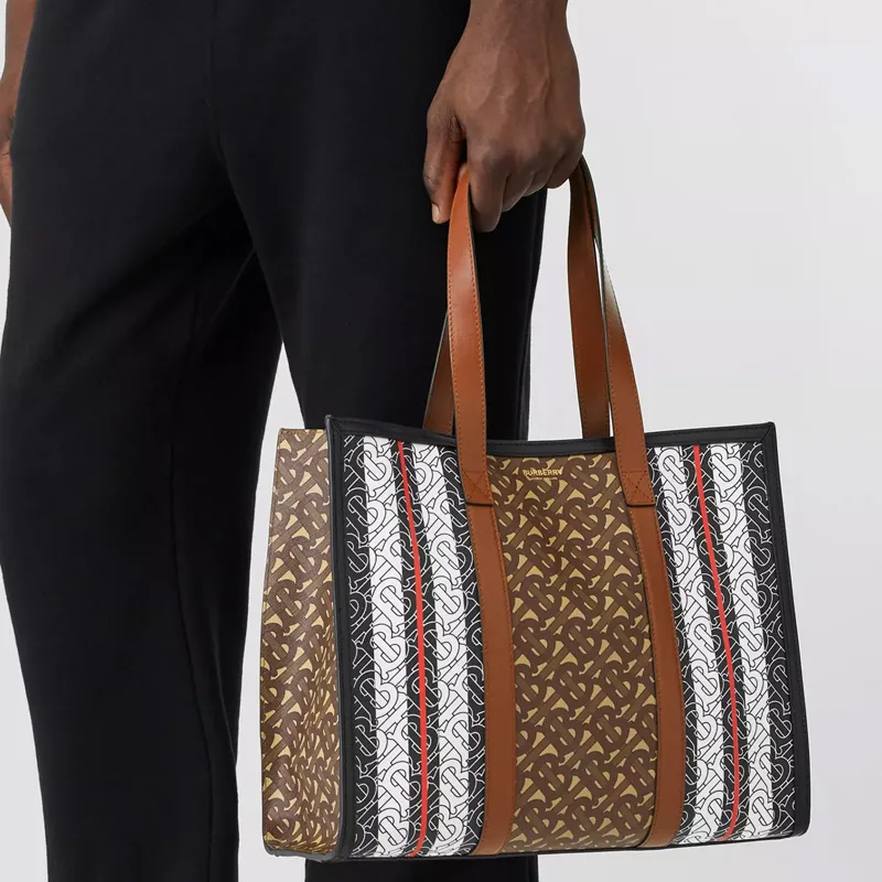 Burberry Monogram Canvas With Calfskin Tote Bag, Shopping Bag, Shoulder Bag, Handbag Trumpets Women's Brown-6