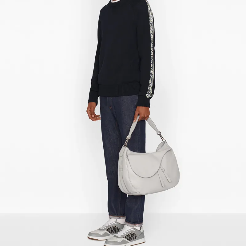 DIOR Saddle Grained Cow Leather Handbag Shoulder Bag Crossbody Bag Unisex Gray White-6