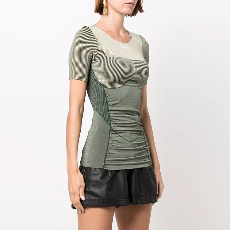 OFF WHITE Paneled Short Sleeve Performance Top Dark Green/Taupe/White-3