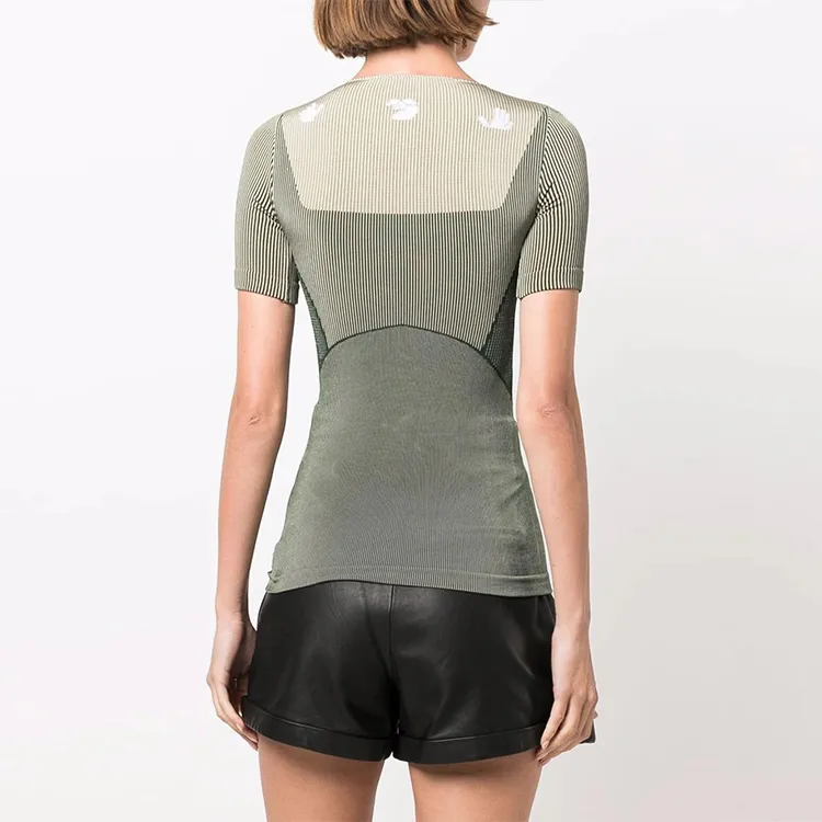 OFF WHITE Paneled Short Sleeve Performance Top Dark Green/Taupe/White-2