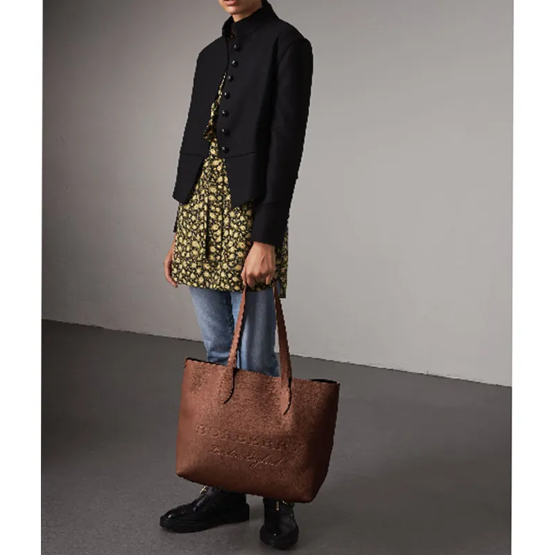 Burberry Embossed Leather Tote Bag Shopping Bag Handbag Shoulder Bag Women's Umber-4