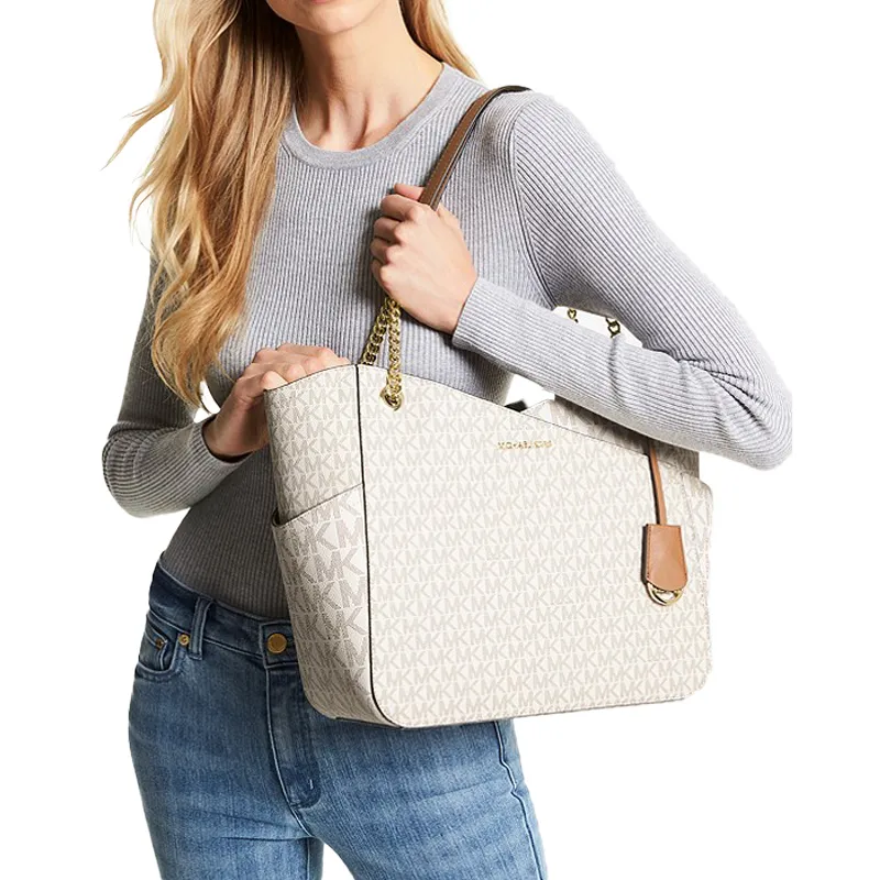 MICHAEL KORS Jet Set Canvas Commute Bag, Tote Bag, Shopping Bag, Handbag Large Size Women's Vanilla White-2