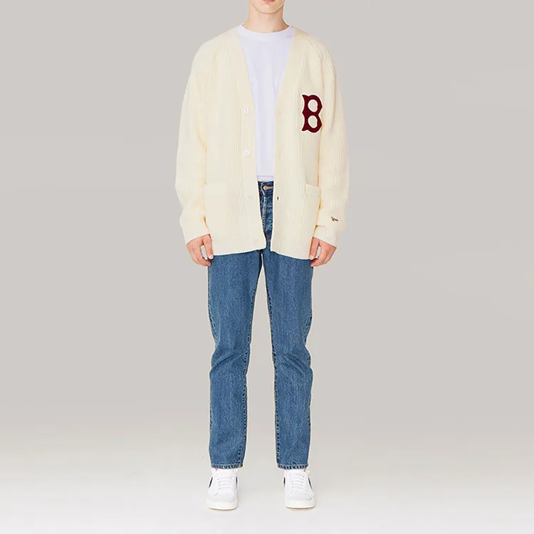 New Era Logo Print Wool Knit Cardigan Beige-2
