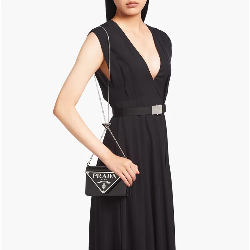 PRADA Leather Chain Bag Shoulder Bag Women's Black-3