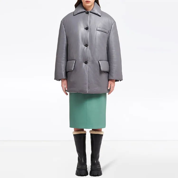 PRADA Solid Color Lapel Loose Fit Mid Length Down Jacket Women's Gray-1