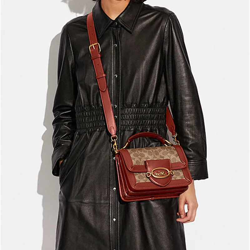 COACH Hero Cow Leather Handbag, Shoulder Bag, Crossbody Bag Small Size Women's Brown Red-3