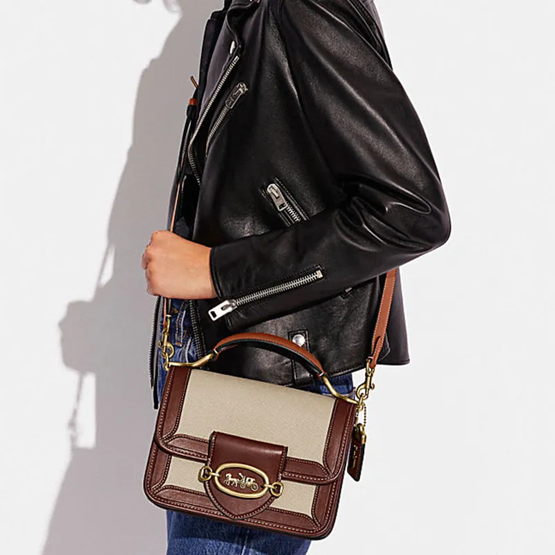 COACH Hero Canvas With Leather Handbag, Shoulder Bag, Crossbody Bag Small Size Women's Brown & White-4