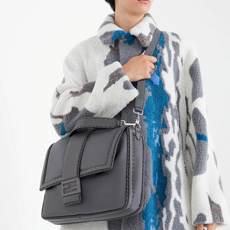 FENDI Baguette ECONYL® Recycled Nylon Courier Bag One Shoulder Handbag Crossbody Bag Large Size Men's Gray-4