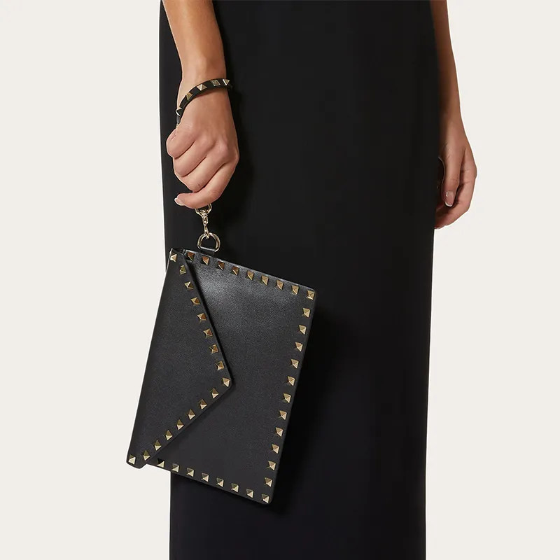 Valentino ROCKSTUD Smooth Cow Leather Envelope Bag, Clutch Medium Size Women's Black-5