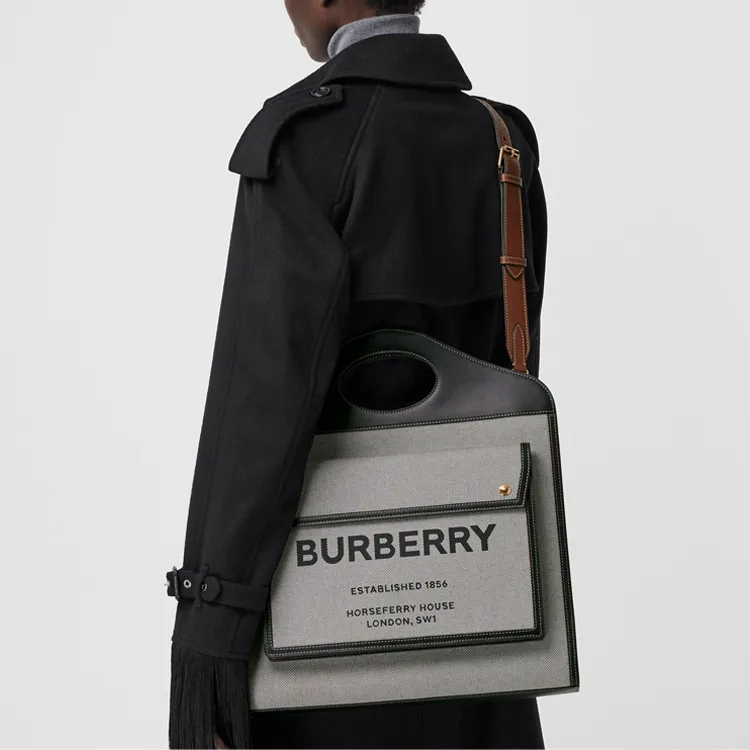 Burberry Pocket Bag Canvas With Leather Canvas Bag Shoulder Bag Crossbody Bag Handbag Medium Size Women's Black/Umber-3