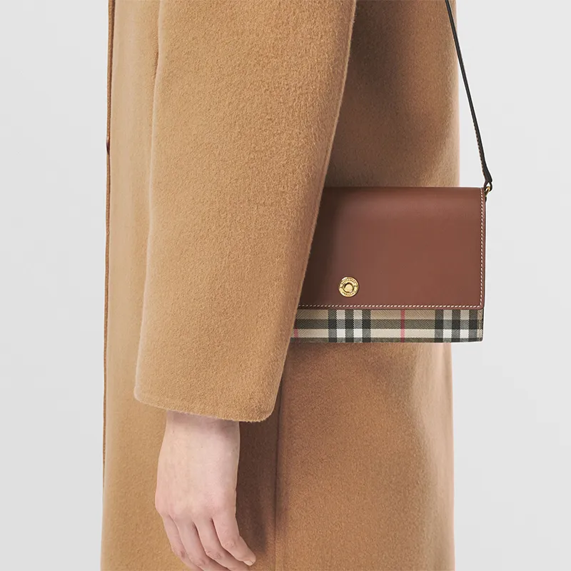Burberry Vintage Leather, Textile Wallet, Shoulder Bag, Crossbody Bag Women's Beige/Brown-7