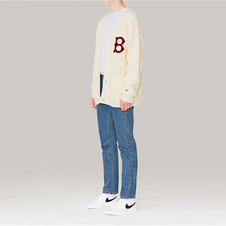 New Era Logo Print Wool Knit Cardigan Beige-3