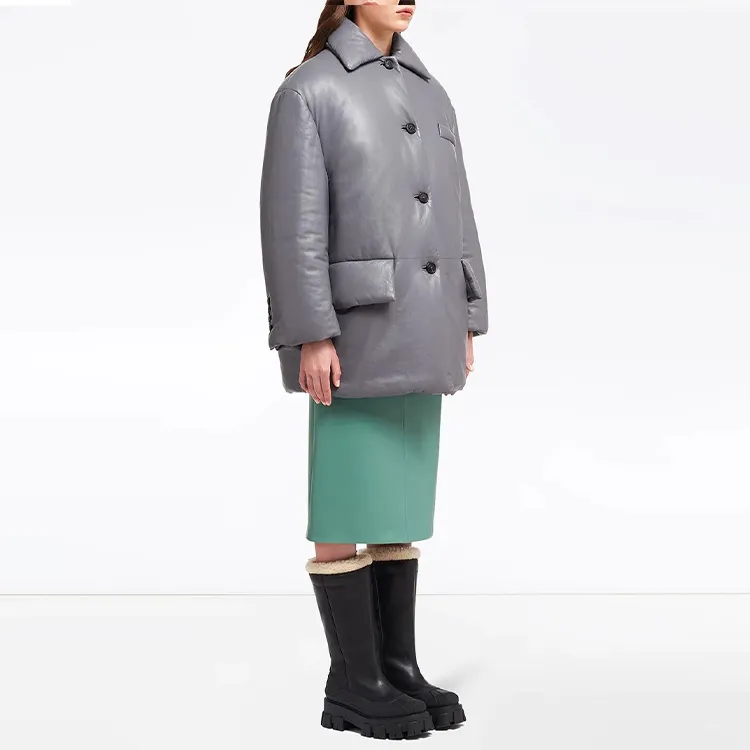 PRADA Solid Color Lapel Loose Fit Mid Length Down Jacket Women's Gray-3