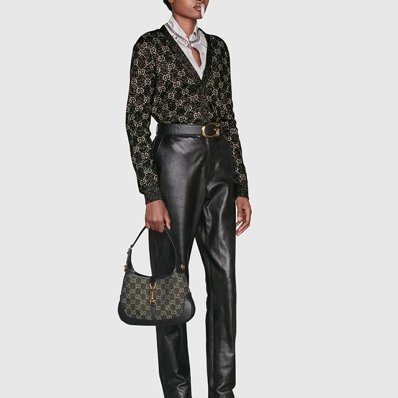 GUCCI Jackie 1961 Canvas With Leather Trim Crescent Shoulder Bag Shoulder Bag, Crossbody Bag Trumpets Women's Black-11