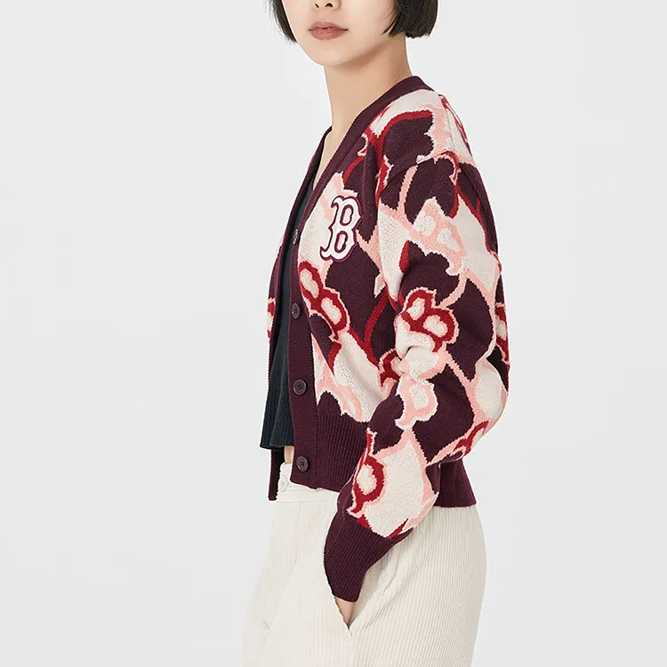MLB Old Flower Cashmere Sweaters Women's Burgundy-3