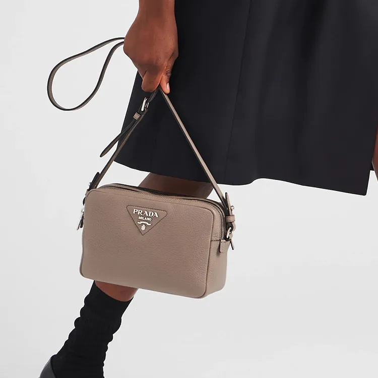 PRADA Leather Camera Bag Shoulder Bag Crossbody Bag Women's Light Gray-3