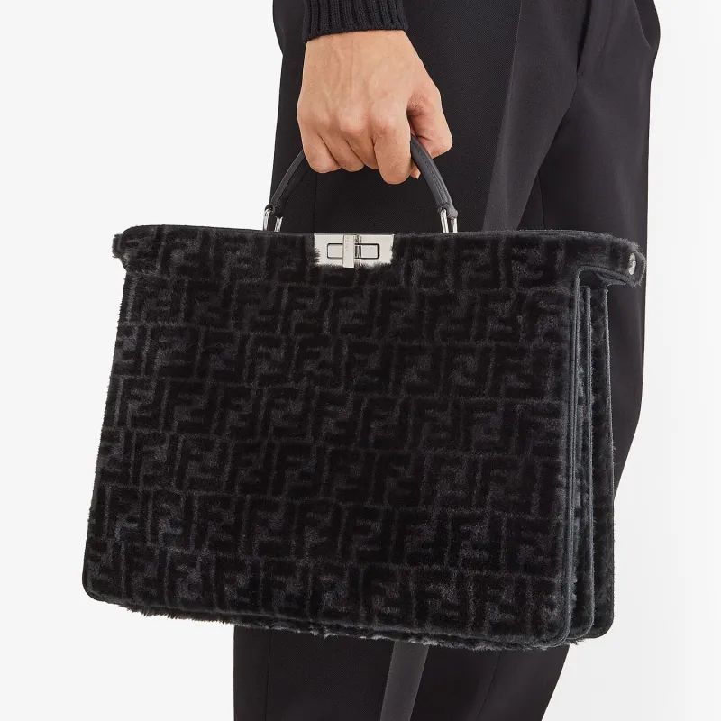 FENDI Peekaboo ISeeU Sheep Wool Calfskin Tote Bag Shoulder Bag Crossbody Bag Handbag Medium Size Men's Black-5