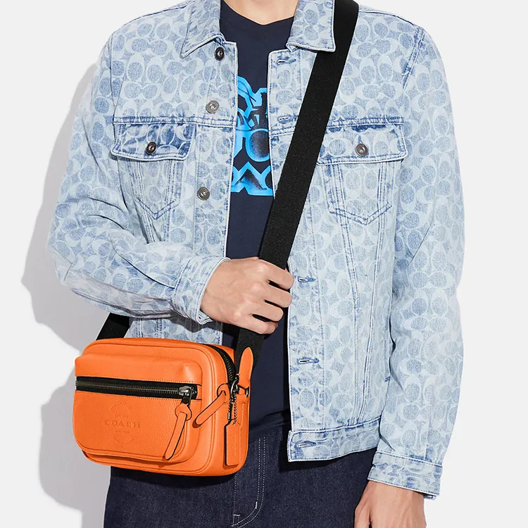 COACH Thompson High-Quality Pebbled Leather Camera Bag Shoulder Bag Crossbody Bag Medium Size Men's Bright Orange-4