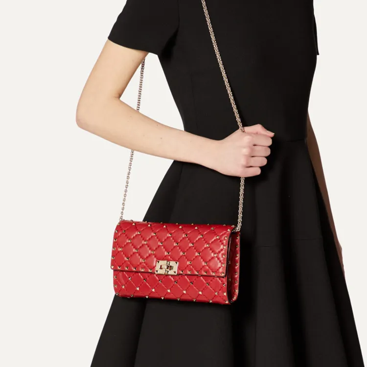 Valentino ROCKSTUD SPIKE Sheepskin Chain Bag, Shoulder Bag, Crossbody Bag Women's Red-4