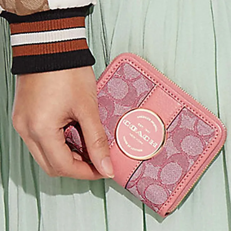 COACH Lonnie Fabric With Leather Clutches Wallets Mini Women's Toffee Pink Macaron Color Series-5