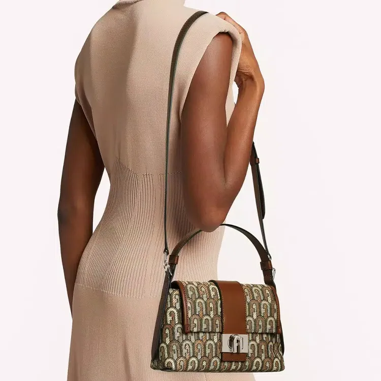 Furla Jacquard Fabric Patchwork Soft Calfskin Shoulder Bag, Crossbody Bag, Handbag Trumpets Women's Print & Brown-4