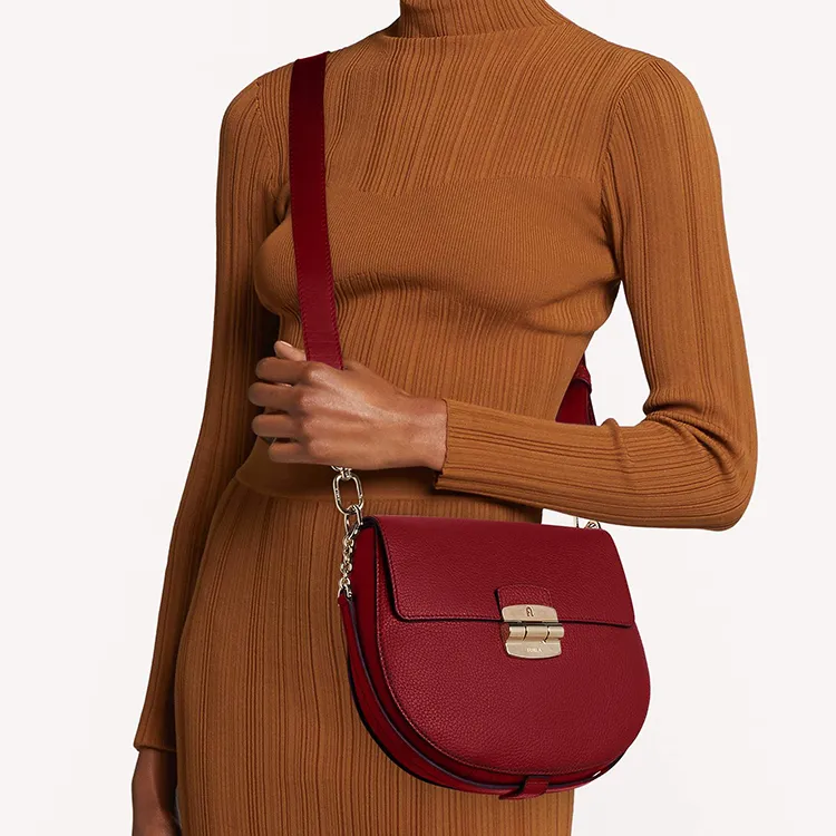 Furla Club 2 Textured Calfskin Saddle Bag Piglet Shoulder Bag Crossbody Bag Small Size Women's Burgundy-4