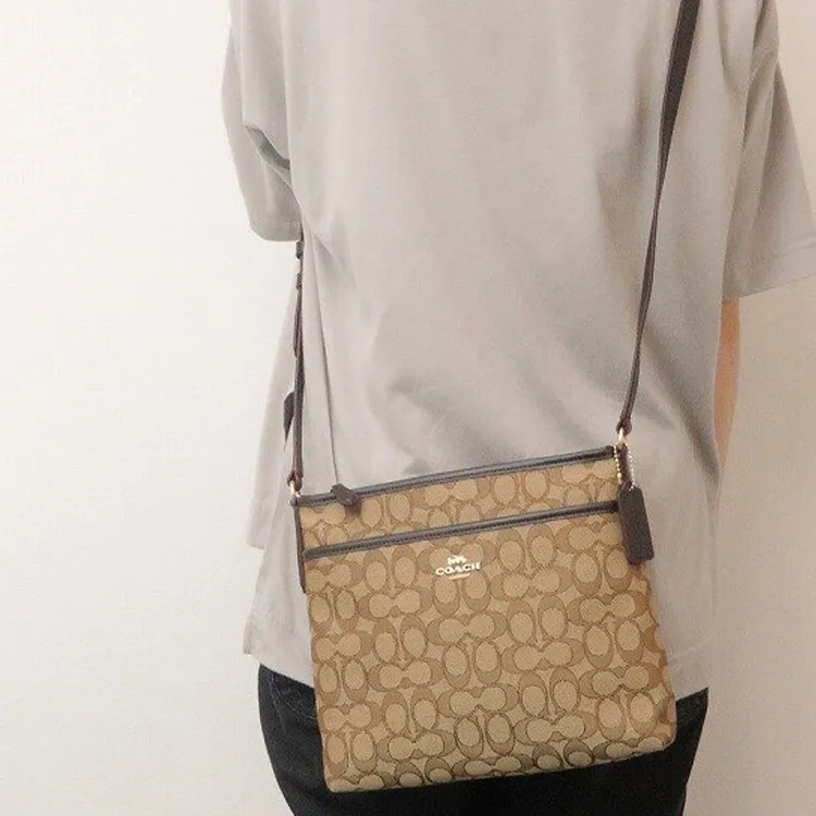COACH File Classic Monogram Canvas With Leather Shoulder Bag Crossbody Bag Large Size Unisex Khaki & Coffee-3