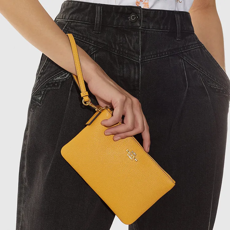 COACH Wristlet Leather Wrist Bag Clutch Coin Purse Small Size Women's Yellow-3