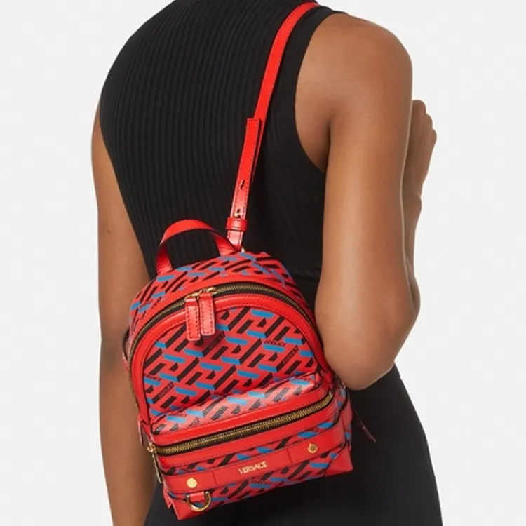 VERSACE La Greca Artificial Leather Backpack Small Size Women's Red-3