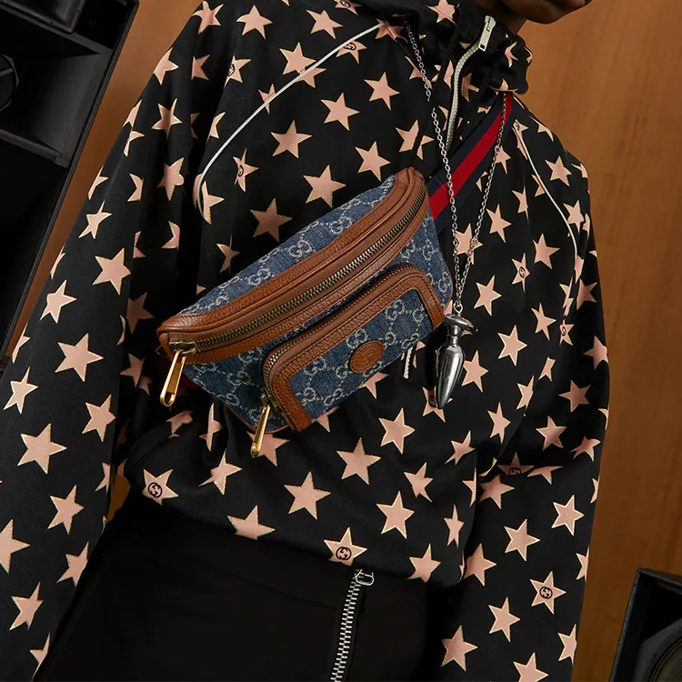 GUCCI Denim Embroidered Patchwork With Leather Trim Fanny Pack Women's Blue-9