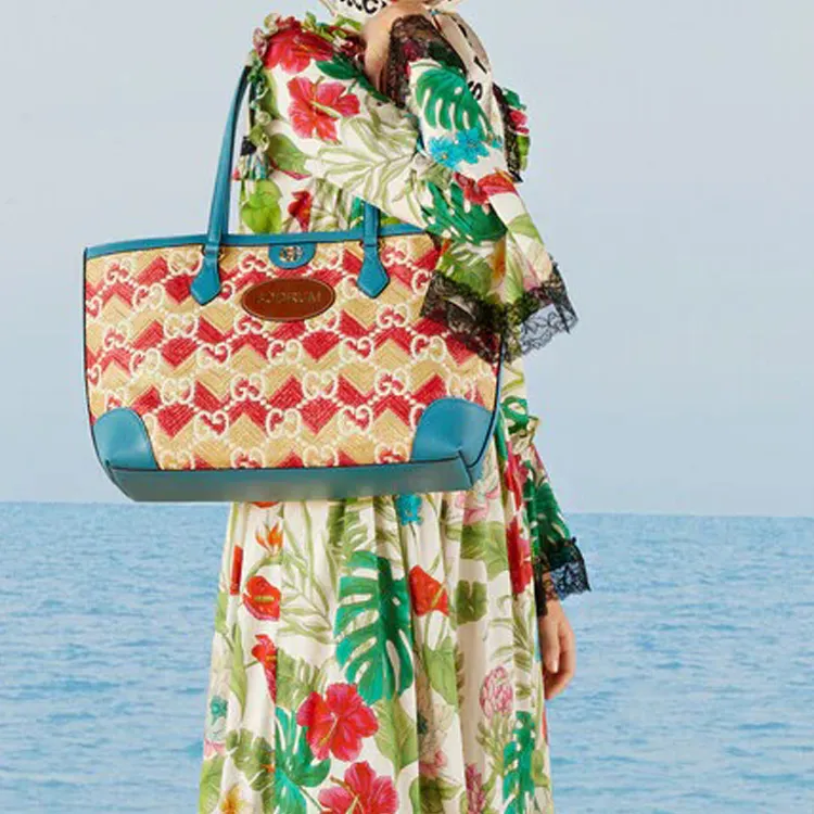 GUCCI Straw With Leather Trim Tote Bag Shopping Bag Shoulder Bag Handbag Regular Women's Red/Blue-8