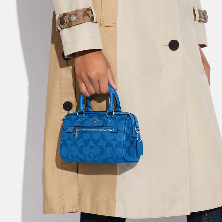 COACH Rowan Artificial Leather Boston Bag, Handbag, Shoulder Bag, Crossbody Bag Mini Women's Bright Blue-4