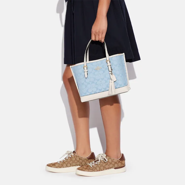 COACH Canvas With Leather Tote Bag, Shopping Bag, Handbag, Crossbody Bag Medium Size Women's Blue Monogram White-3