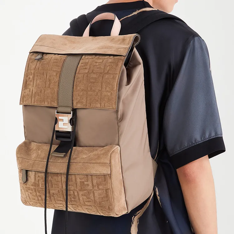 FENDI Fendiness Suede Backpack Medium Size Men's Brown-5
