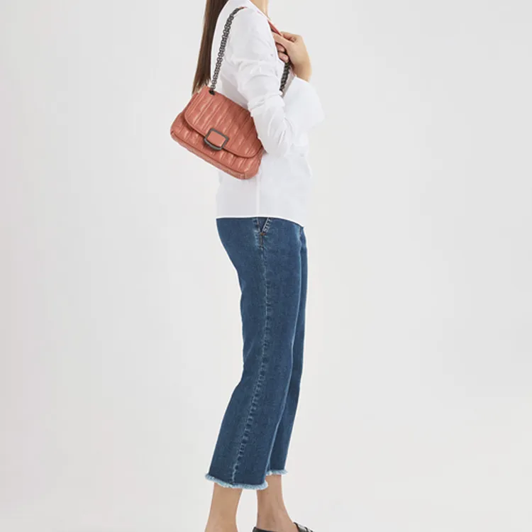LONGCHAMP Brioche Kid Leather Shoulder Bag Crossbody Bag Small Size Women's Orange Pink-4