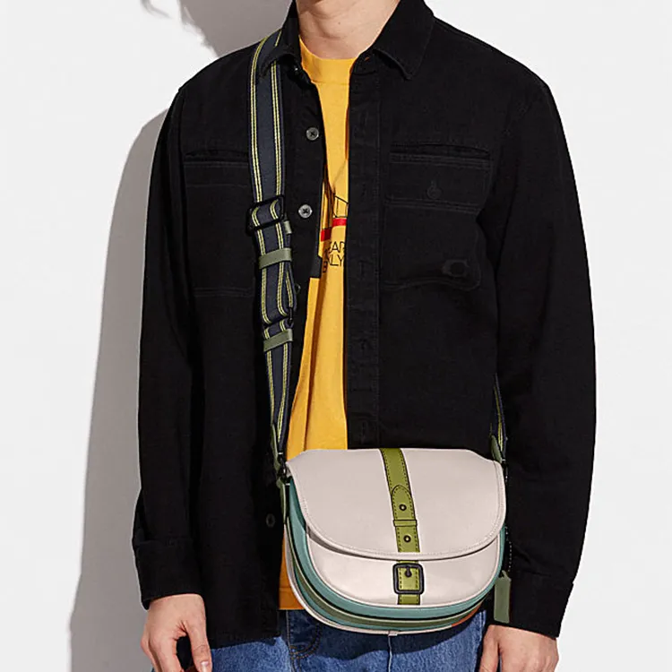COACH Hitch Cow Leather Shoulder Bag, Crossbody Bag Medium Size Men's White, Green & Multicolor-4