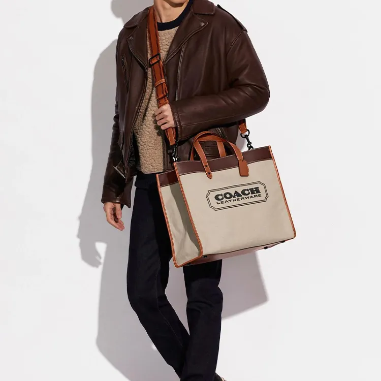 COACH Field Canvas With Leather Tote Bag, Shopping Bag, Handbag, Crossbody Bag Large Size Men's Beige-4