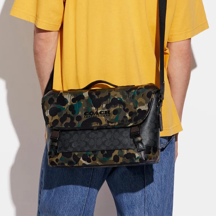 COACH League Leather Messenger Bag Cycling Bag Shoulder Bag Crossbody Bag Large Size Men's Black-3
