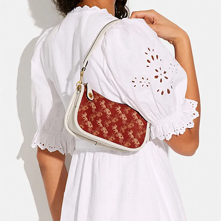 COACH Swinger Cow Leather Patchwork Mahjong Bag Shoulder Bag Handbag Shoulder Bag Women's Red & White-3