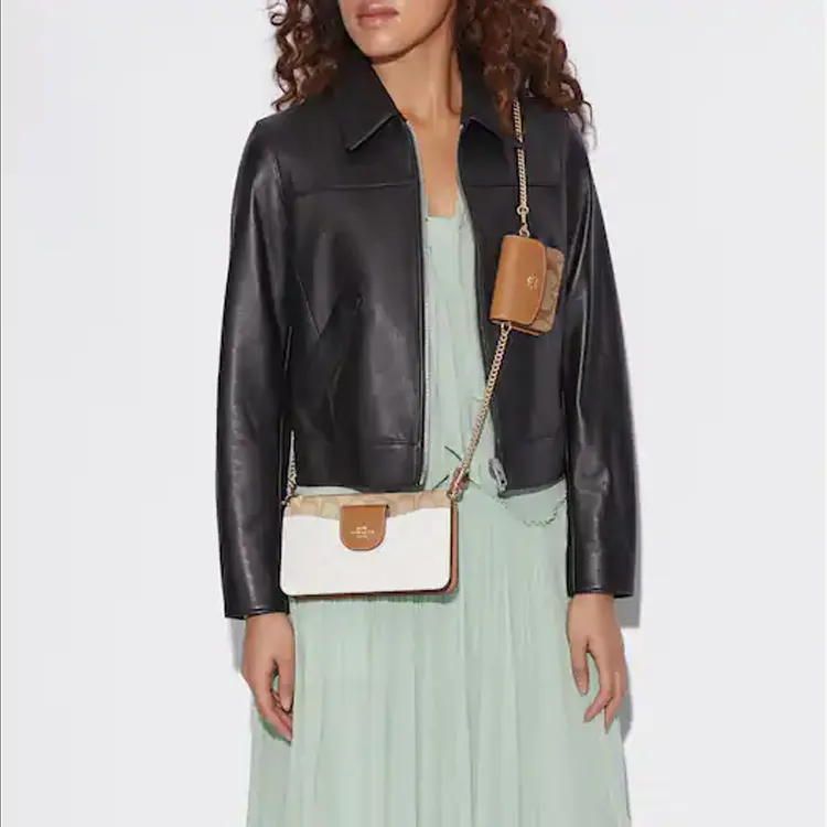 COACH Canvas With Smooth Leather Combo Bag Small Card Holder 2 in 1 Crossbody Bag Small Size Women's Brown White Khaki-4