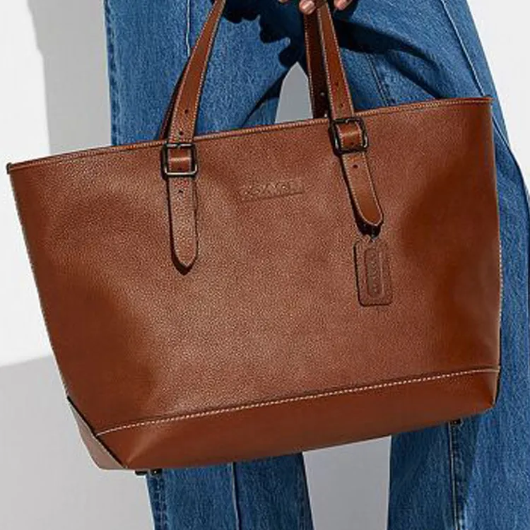 COACH Pebbled Leather Tote Bag Shopping Bag Shoulder Bag Handbag Large Size Women's Coffee-4