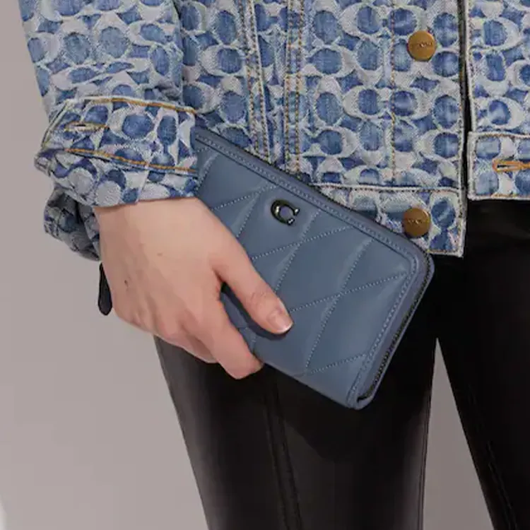 COACH Accordion Zip Smooth Leather Clutch Wallet Trumpets Women's Blue-2