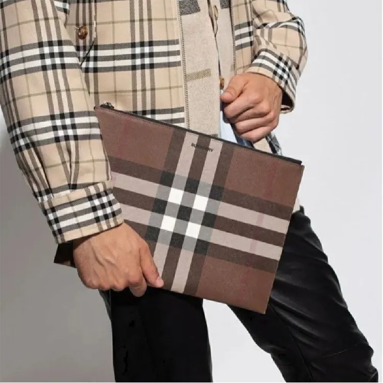Burberry Leather Trim Clutch Regular Unisex Brown-4
