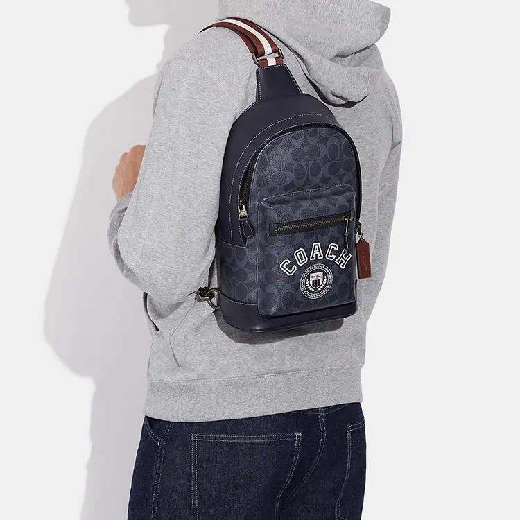 COACH West Coated Canvas With Calfskin Shoulder Bag, Crossbody Bag, Sling Bag Trumpets Men's Denim & Chalk White-3