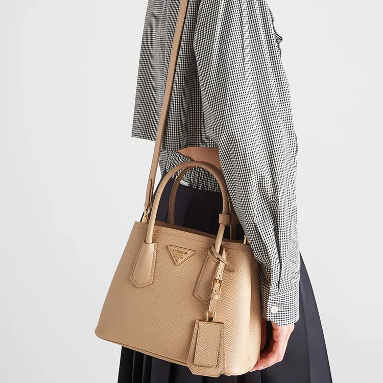 PRADA Double Leather Tote Bag, Shopping Bag, Shoulder Bag, Crossbody Bag, Handbag Mini Women's Sand Yellow-3
