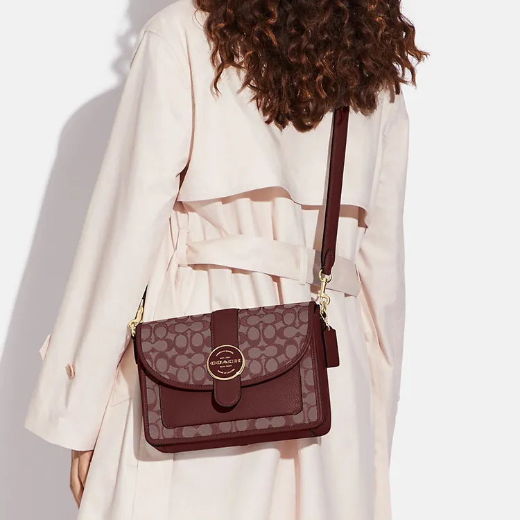 COACH Lonnie Jacquard Fabric With Pebbled Leather Shoulder Bag, Crossbody Bag Medium Size Women's Brown Red-3