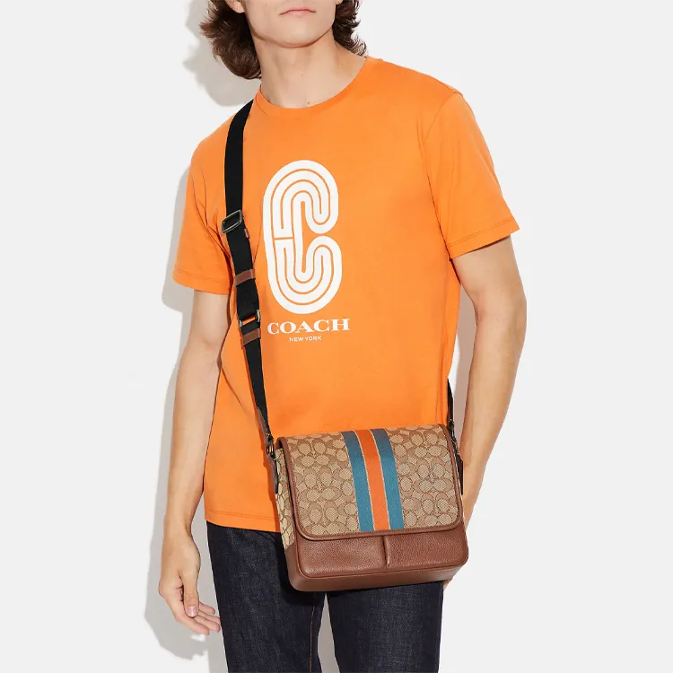 COACH Thompson Fabric With Pebbled Leather Shoulder Bag Crossbody Bag Medium Size Men's Brown & Orange & Blue-3