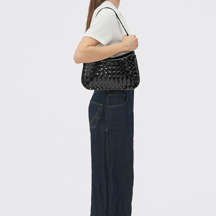 Bottega Veneta FLAP Cow Leather Crescent Bag Pochette Handbag, Shoulder Bag Women's Black-9